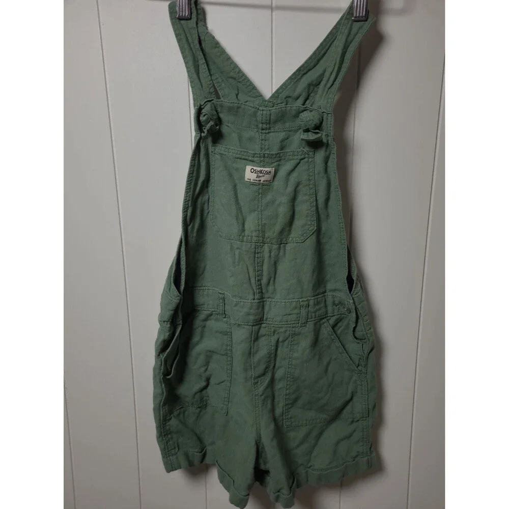 VTG OshKoshB'gosh Sz 12 Bib Pocket Overall Shorts Linen Viscose Olive Army Green
